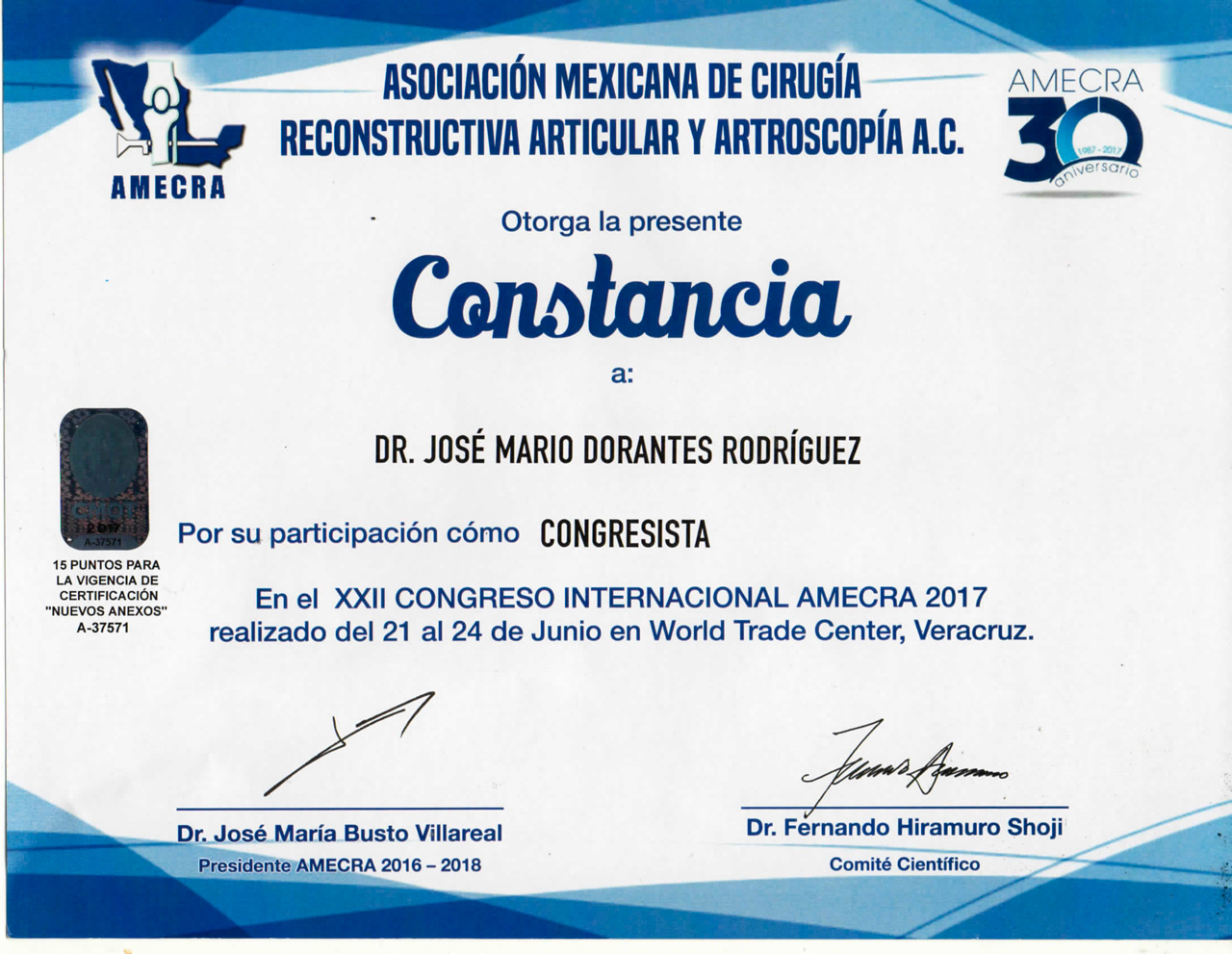 Constancia, XXII Congreso Internacional AMECRA 201