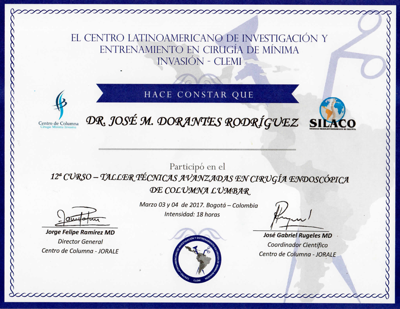 Constancia, Taller de técnicas avanzadas en cirugía endoscópica de columna lumbar