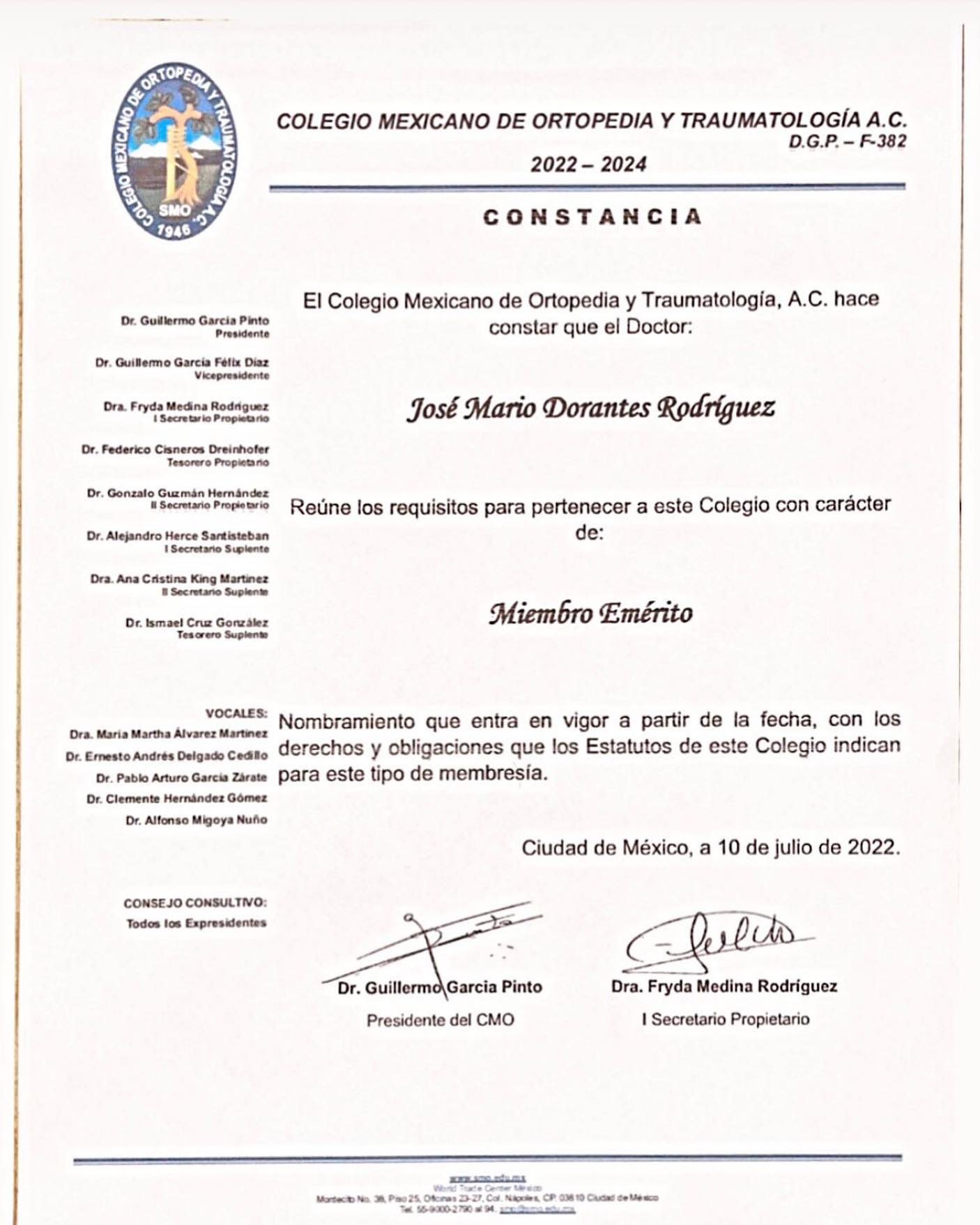 Miembro Emérito del Colegio Mexicano de Ortopedia y TraumatologíaMiembro Emérito